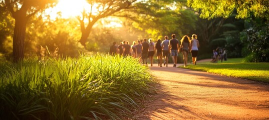 Golden Hour Fitness A Diverse Group Of People Enjoying A Scenic Evening Walk In The Park.