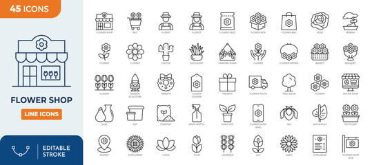 Flower shop icon set. Contains icons of flower shop, bouquet, tulips, rose, flower basket, vase, gardener and more. Outline Icon Collection. Vector illustration. Editable stroke	