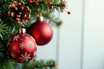 Fototapeta premium A bunch of red and gold Christmas ornaments hanging from a green wreath, berries, pinecone, holiday