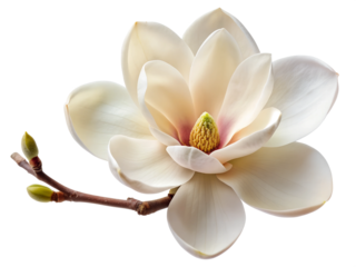 White Magnolia Flower on Branch with Transparent Background