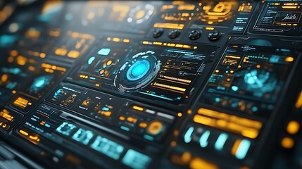 Futuristic digital interface with glowing HUD elements.