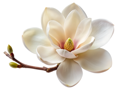 White Magnolia Flower on Branch with Transparent Background