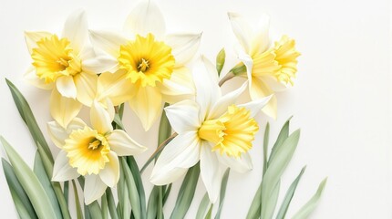 Obraz premium Fresh spring daffodils arranged on a white background