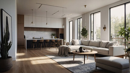 Timeless and inviting traditional rural home with neutral color sofa large windows and cozy rug under furniture traditional interior design