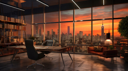 An illustration of a modern office room with a view of city buildings in the evening