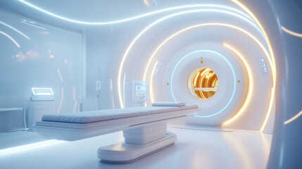 View inside an MRI scanner room, focusing on the circular machine, medical examination table, and sterile environment. The walls are white and the lighting is bright, evoking a sen