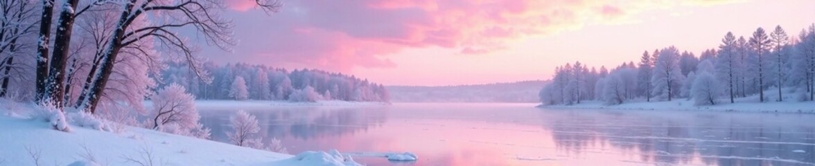 A snow-covered landscape under a blush pink sky with bare trees and frozen lake, frozen lake, frosty