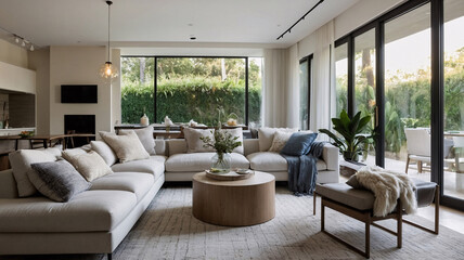 Fototapeta premium Timeless rural home with neutral color sofa large windows and handwoven rug beneath the furniture traditional interior design