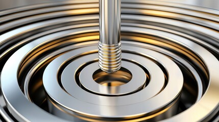 Metallic Spiral Design with Centered Screw and Reflections in Detail
