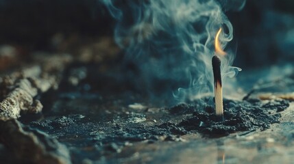 A close-up shot of a burnt matchstick with smoke still lingering, resting on a dark, textured surface. The image evokes a mood of mystery and quiet intensity.