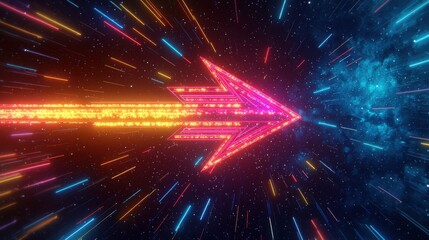 Naklejka premium A vibrant neon arrow streaks across a cosmic background, symbolizing rapid progress and futuristic technology. The contrasting colors and dynamic lines create a sense of speed and energy.