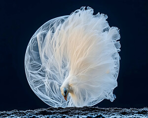 Majestic white peacock displaying its stunning plumage, framed by a translucent orb, against a dark background.  A breathtaking wildlife image.
