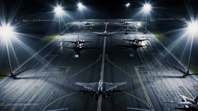 Military aircraft positioned on a well-lit runway at night with active runway lights