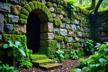 Naklejka premium Luxuriant green moss overgrows ancient stonework, stone wall, moss, damp