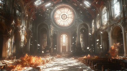 Sunbeams illuminate a ruined church interior, debris and fallen leaves scattered on the floor.