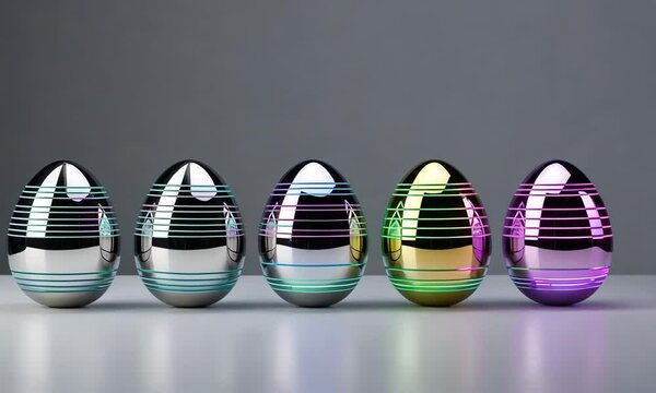 Metallic Easter eggs with glowing neon lines. A minimalist futuristic design perfect for digital and modern celebrations