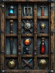 3D RPG inventory icons featuring weapons potions armor and tools on textured wood leather and metal backgrounds