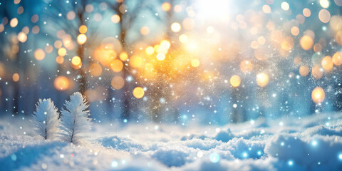 Naklejka premium Frosty winter wonderland scene with snowflakes gently falling, blurred bokeh lights twinkling in the background, and a serene forest landscape covered in snow and ice.