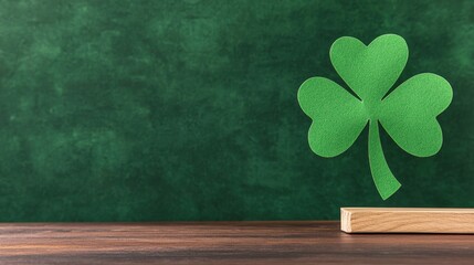 Green Shamrock Decoration on Wooden Base with Dark Green Background