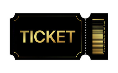 Golden ticket. Gold vector coupon, sticker or discount tag mockup isolated on black background. Cinema, theater, concert, party, event, festival invitation entrance.