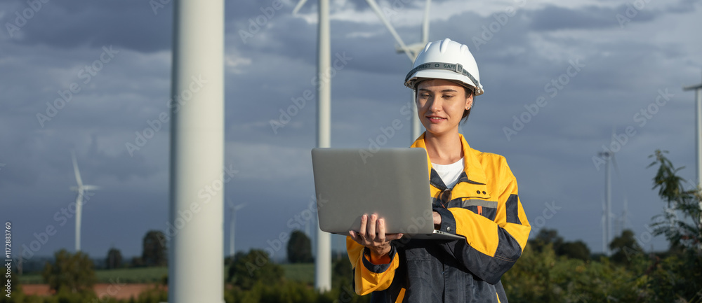 Poster female engineer wind turbine worker survey operational planning windmill clean renewable energy tech