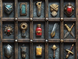 3D RPG inventory icons featuring weapons potions armor and tools on textured wood leather and metal backgrounds