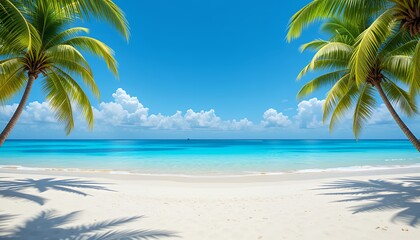 Fototapeta premium Tropical Beach Paradise: Idyllic White Sand, Azure Ocean, and Lush Palm Trees