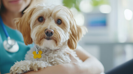 A pet owner holding their dog with an IV dropper attached, sitting in a veterinary clinic. The scene emphasizes compassionate care and the medical attention provided to pets in nee