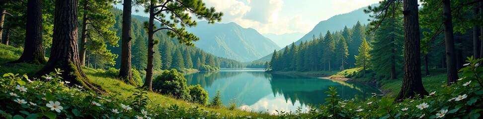 Fototapeta premium Forest surroundings with a small lake in the distance, landscape, forest