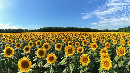 Obraz premium A vibrant field of sunflowers stretches under a clear blue sky, showcasing the beauty of nature in full bloom.