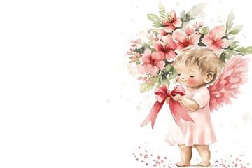 Fototapeta premium Watercolor style valentine’s day love illustration of cherubic child floral bouquet