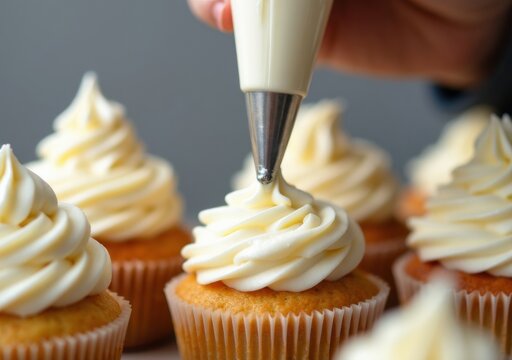 Decorating vanilla cupcakes with creamy frosting at a culinary workshop