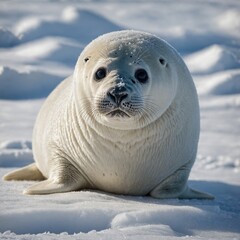 A baby white seal with large eyes sitting on the snow, looking curiously around.