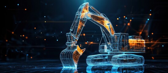 Excavator digital wireframe glowing on dark background with particles.