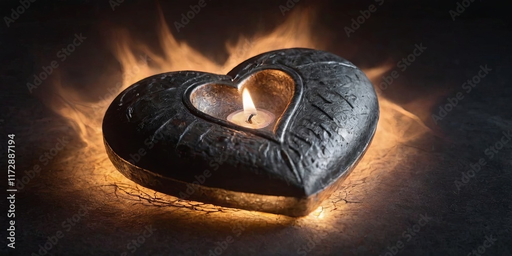 Poster a heart shaped candle with a lit flame sits on a table