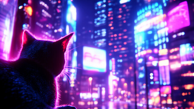 A sleek cyberpunk-style cat with glowing neon eyes prowling the streets of a futuristic city at night. The vibrant lights of towering skyscrapers and holographic billboards illumin