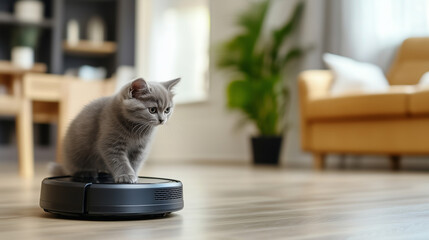 A curious gray kitten perched on a robotic vacuum cleaner, exploring its moving platform in a modern indoor space. The scene blends the charm of a playful pet with the sleekness of