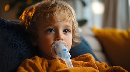 Adorable Toddler with cystic fibrosis Using an Inhaler A young boy sits on a couch, using a nebulizer for respiratory treatment. He appears calm and comfortable.