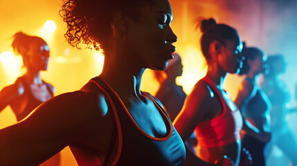A diverse group of people engaged in an energetic fitness class, showing unity, motivation, and positive vibes for New Year health goals.