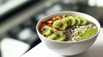 A kiwi smoothie bowl topped with fresh fruits, nuts, and seeds on a white desk, representing a nutritious and healthy breakfast to start the year right.