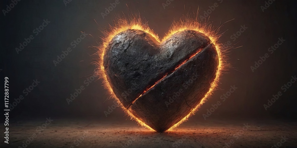 Poster a heart made of stone with a fire burning through it