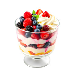 Trifle dessert with berries and cream isolated on white background