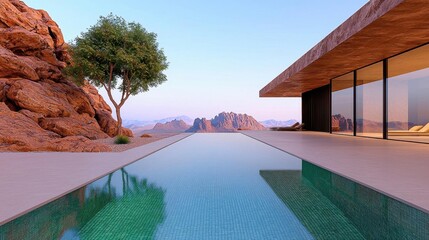 A desert oasis featuring a sleek metallic surface. High Quality