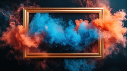 Antique Gold Frame Surrounded by Bright Colorful Smoke in Artistic Composition