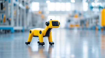 Fototapeta premium A yellow robot dog, designed for industrial detection and remote operation, navigates a factory floor in Turin, Italy. With its compact, durable frame and advanced sensors, it effi