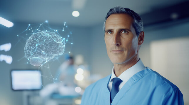 This image features a Caucasian male surgeon in a modern hospital, with data overlays of molecular structures and brain activity patterns, illustrating the role of data processing