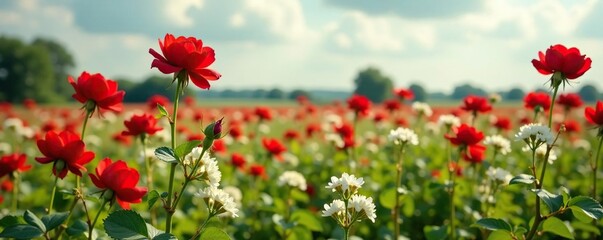 Obraz premium Long Stalks of Red Roses and White Flowers in a Field, field, landscape, natural