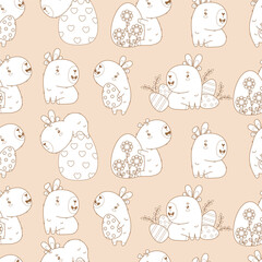 Obraz premium Easter Seamless pattern. Holiday Capybaras with paschal Eggs on light beige background. Cute cartoon kawaii animal backdrop. Line drawing, Outline. Vector illustration. Kids collection