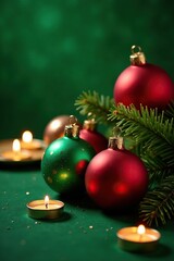 Christmas ball decorations on a green background with candles, winter wonderland, shine