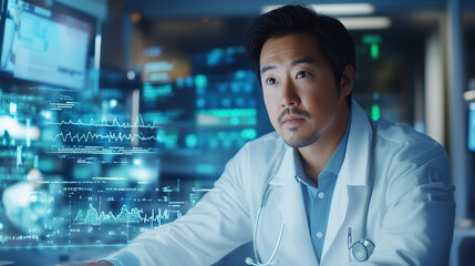 This image shows an Asian male doctor in a hospital environment, with digital overlays of mathematical equations and financial data, highlighting the intersection of healthcare, da